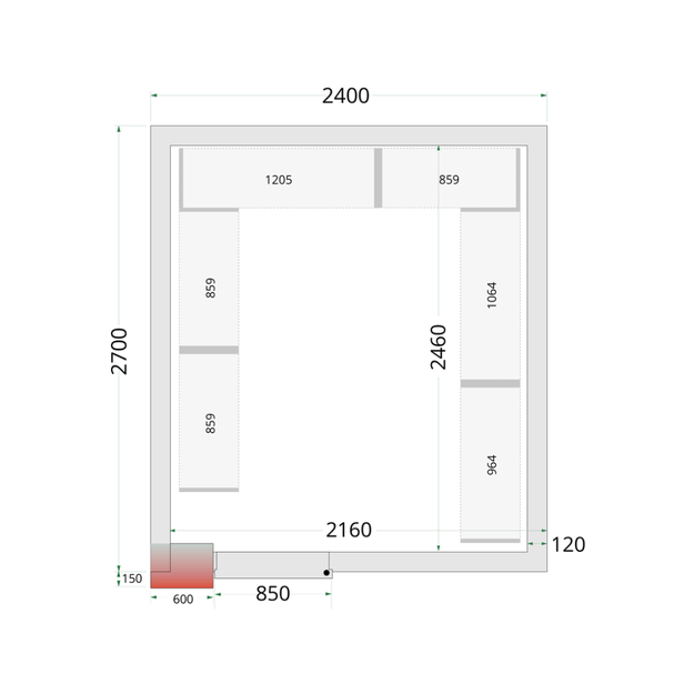 120 mm šalčio kambario plokštės su 850 mm pločio durimis CR 240x270x220 WD