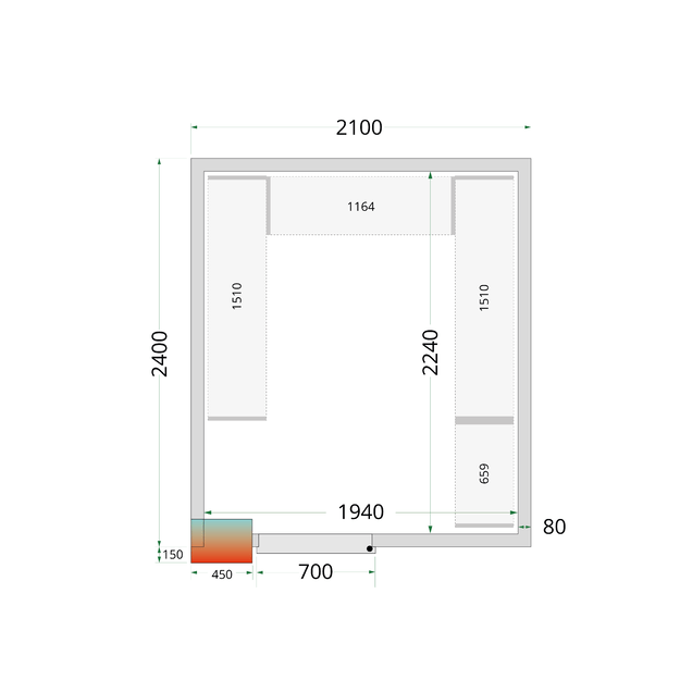 Šaltojo kambario plokštės su 80 mm izoliacija - be grindų CR 210x240x212 NF