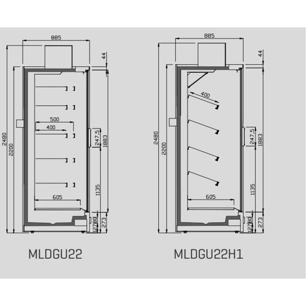 High-capacity glass-door multideck INFRICO Detroit ML12 DGU22 M1 – 1330 × 885 × 2480 mm