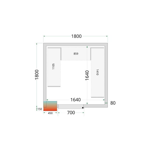 Šaltojo kambario plokštės su 80 mm izoliacija - be grindų CR 180x180x212 NF