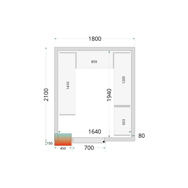 Šaltojo kambario plokštės su 80 mm izoliacija - be grindų CR 180x210x212 NF