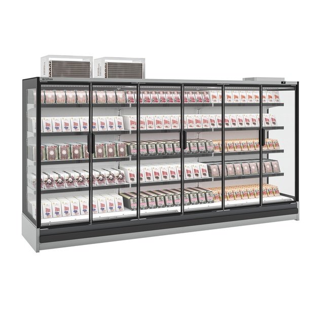 High-capacity glass-door multideck INFRICO Detroit ML12 DGU M1 – 1330 × 885 × 2350 mm