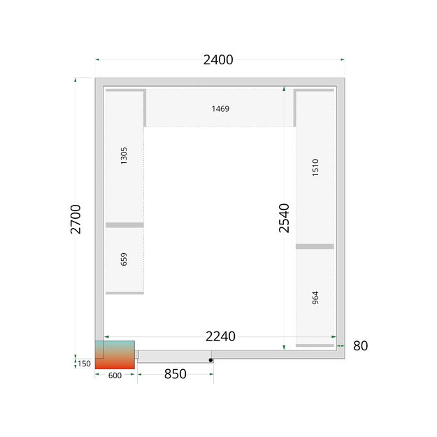 80 mm cold room panels with 850 mm wide door CR 240x270x220 WD