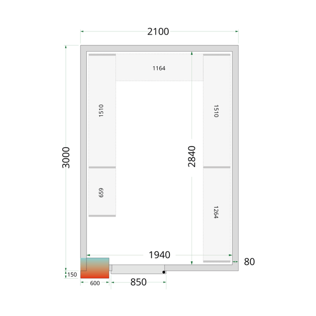 80 mm šalčio kambario plokštės su 850 mm pločio durimis CR 210x300x220 WD