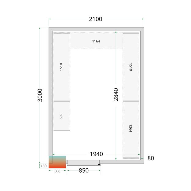 80 mm šalčio kambario plokštės su 850 mm pločio durimis CR 210x300x220 WD