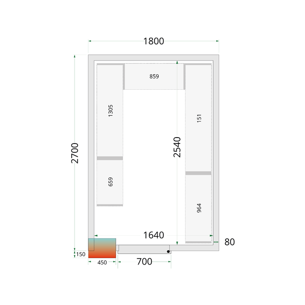 Šaltojo kambario plokštės su 80 mm izoliacija - be grindų CR 180x270x212 NF