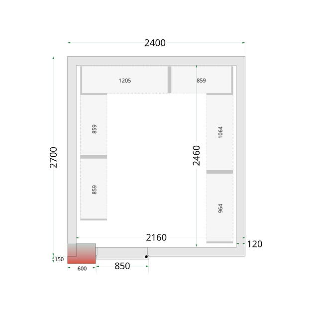 120 mm cold room panels with 850 mm wide door CR 240x270x220 WD