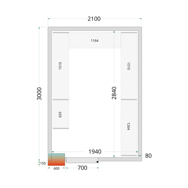 Šaltojo kambario plokštės su 80 mm izoliacija CR 210x300x220