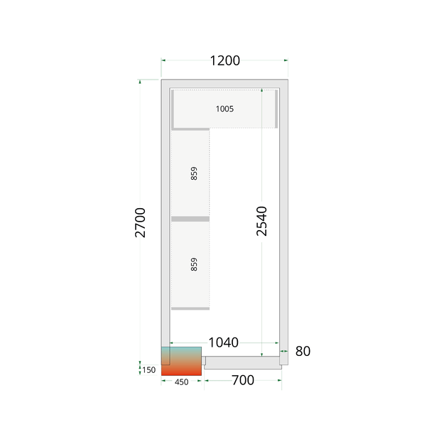 Šaltojo kambario plokštės su 80 mm izoliacija - be grindų CR 120x270x212 NF