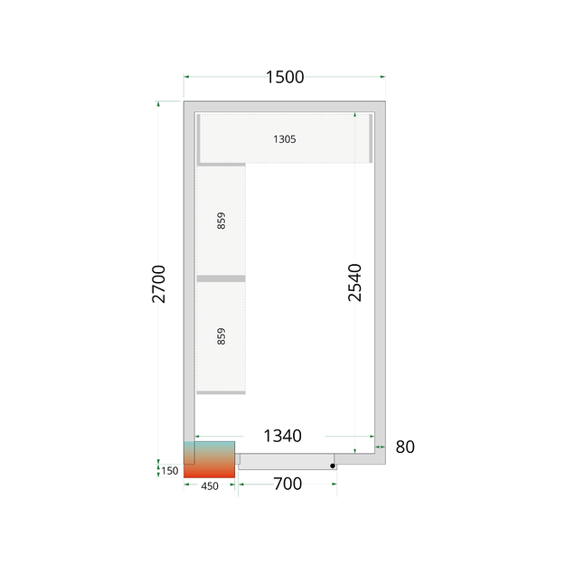 Šaltojo kambario plokštės su 80 mm izoliacija - be grindų CR 150x270x212 NF