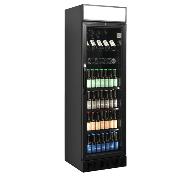 Stilingas juodas vitrininis šaldytuvas su švieslente CEV425CP BLACK