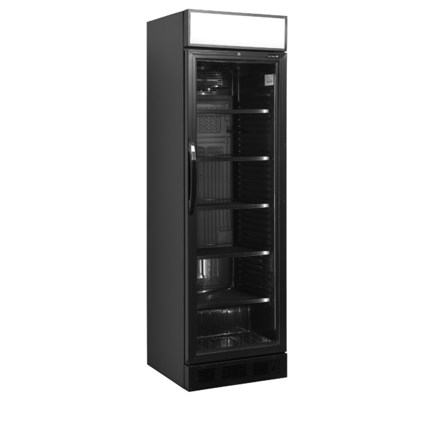 Stilingas juodas vitrininis šaldytuvas su švieslente CEV425CP BLACK