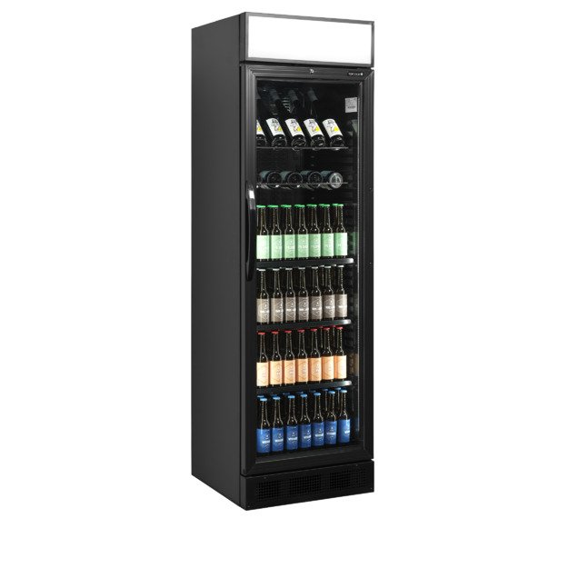 Stilingas juodas vitrininis šaldytuvas su švieslente CEV425CP BLACK